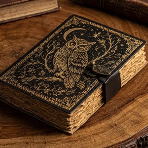 Könnte beinhalten: Ein rechteckiges Notizbuch mit schwarzem Einband, das eine goldfarbene Eulenprägung auf einem Ast unter einer Mondsichel und Sternen zeigt. Das Notizbuch hat einen Metallverschluss und dicke, handgeschöpfte Seiten mit unebenen Kanten.