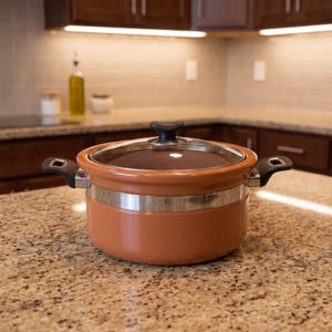 May include: A round, terracotta-colored cooking pot with a clear glass lid. The pot features a wide, polished silver-tone metal band around the center, two black side handles with silver accents, and a black knob on the center of the glass lid.