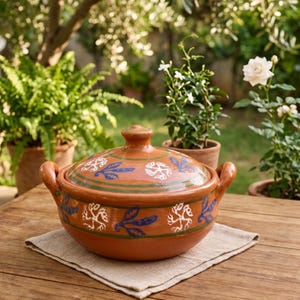 May include: A round terracotta cooking pot with a matching lid, featuring two side handles. The exterior is decorated with hand-painted blue and white floral motifs and horizontal green stripes against the natural reddish-brown clay surface.