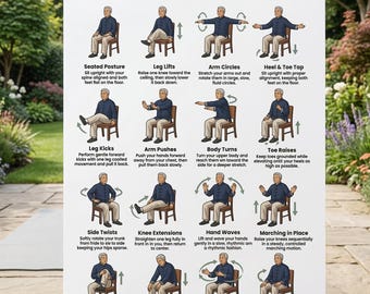 Exercices de Tai Chi sur chaise à imprimer | Tableau et programme d'entraînement de Tai Chi sur chaise (PDF) | Exercices de yoga sur chaise | Téléchargement numérique
