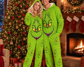 Family Green Monster Christmas Pajamas, Hooded Milk Silk Onesie, Green One Pajamas, Holiday Family Matching Sleepwear, Cute Christmas Gift