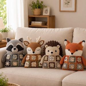 May include: Four handmade crochet plush toys shaped like a raccoon, a deer, a hedgehog, and a fox. Each animal features a head with distinct facial details and a body constructed from a grid of multi-coloured floral granny square patterns.