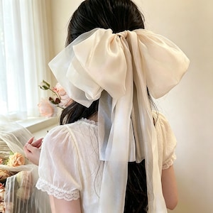 Large Bow Hair Clip, Long  Bow Barrette, Wedding Bridal Hair Bow, Soft Bow Hair Accessory, Fairycore Cottagecore Hair Bow for Prom Date Gift
