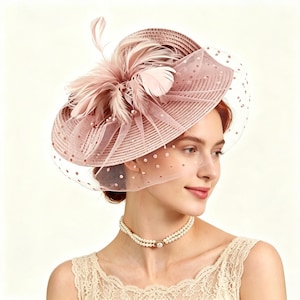 May include: A dusty rose fascinator hat featuring a wide, circular brim with concentric ribbed detailing. The hat is adorned with a cluster of matching feathers and a sheer, polka-dot veil that drapes over the front, creating a textured appearance.