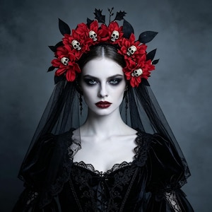 Puede incluir: Un tocado con flores rojas vibrantes intercaladas con pequeñas calaveras de color crema y hojas negras, unido a un velo negro transparente. El accesorio se lleva con un vestido de terciopelo negro con ribetes de encaje y un corpiño.