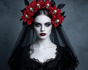 Totenkopf-Blumenkranz-Schleier zum Tag der Toten, schwarzer Halloween-Schleier, Gothic-Geisterbraut-Kostümaccessoire für Cosplay-Partys