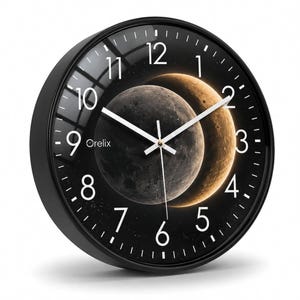 May include: A round wall clock with a black frame and a glass face featuring a high-resolution image of a lunar eclipse against a starry night sky. The clock has white Arabic numerals, thin white hands, and the brand name Orelix in white text.