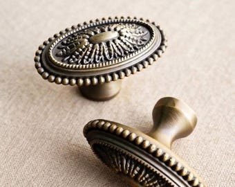 Set of 2 Antique Brass Cabinet Knobs, European Style, Brushed Finish (46mm)
