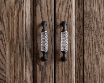 Spiraled Glass & Metal Drawer Pull, Antique Brass Cabinet Handle, Vintage Furniture Hardware