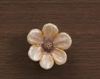 Pink Flower Cabinet Knob, Pearlescent Enamel Gold Drawer Pull, Decorative Furniture Handle