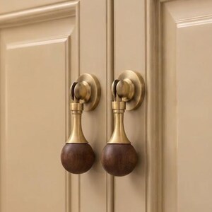 2-pack Wooden Cabinet Knobs Round Drawer Pulls Brass Base Furniture Hardware Dresser Knob Kitchen Cupboard Wardrobe Door Handles Replacement