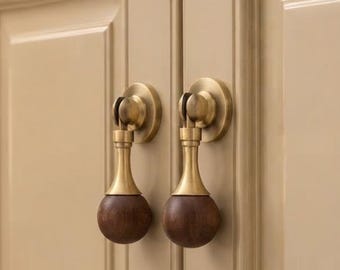 2-Pack Wooden Cabinet Knobs, Brass Base, Round Drawer Pulls (Furniture Hardware)