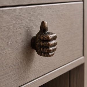 May include: A dark bronze-colored metal drawer knob shaped like a hand making a thumbs-up gesture. The knob is attached to a light gray wooden drawer front with a visible wood grain texture, positioned above a beige upholstered seat cushion.