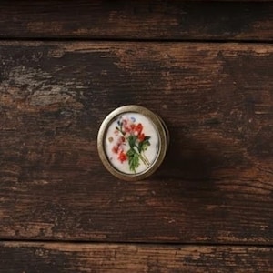 May include: A round drawer knob with a brass-toned metal frame and a white center inlay featuring a small, detailed floral print of red, pink, and green flowers. The knob is attached to a dark brown, weathered wooden drawer front with visible grain.