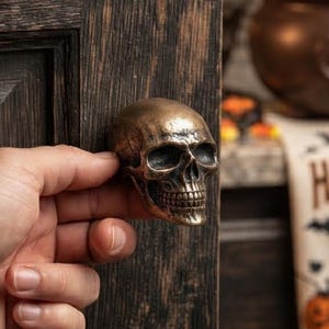 May include: A metallic bronze-colored cabinet knob shaped like a human skull. The skull features detailed eye sockets, a nasal cavity, and teeth, mounted onto a dark, vertically grained wooden cabinet door surface.