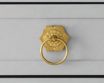 Gold Floral Ring Pull Knob, Metal Drawer Handle, Vintage Cabinet Hardware