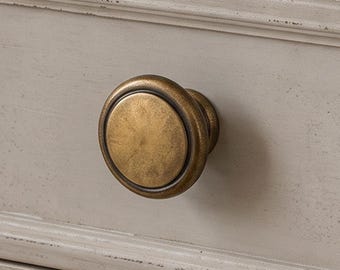 Antique Gold Round Metal Cabinet Knob, Brushed Finish, Vintage Drawer Hardware