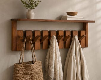 Folding Wall Coat Rack Shelf, Wooden Accordion Hook Rack, Entryway Organizer