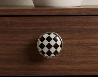 Black White Checkered Round Knob Door Drawer Pull Kitchen Cabinet Dresser Handle