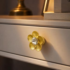 Gold Flower Cabinet Knob with Crystal Center, Luxury Drawer Pull Handle