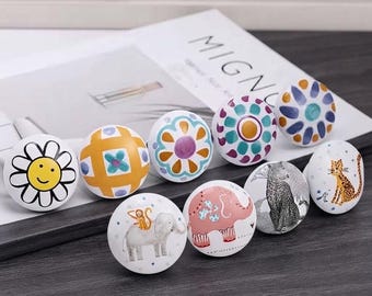 Hand-Painted Daisy Ceramic Cabinet Knob, Smiley Face Nursery Hardware