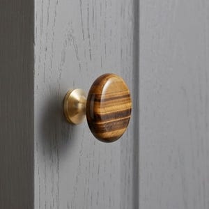 May include: A round cabinet knob featuring a polished, brown and gold striped tiger eye stone face set into a brushed brass metal base, mounted on a gray wooden cabinet door with a visible vertical wood grain texture.