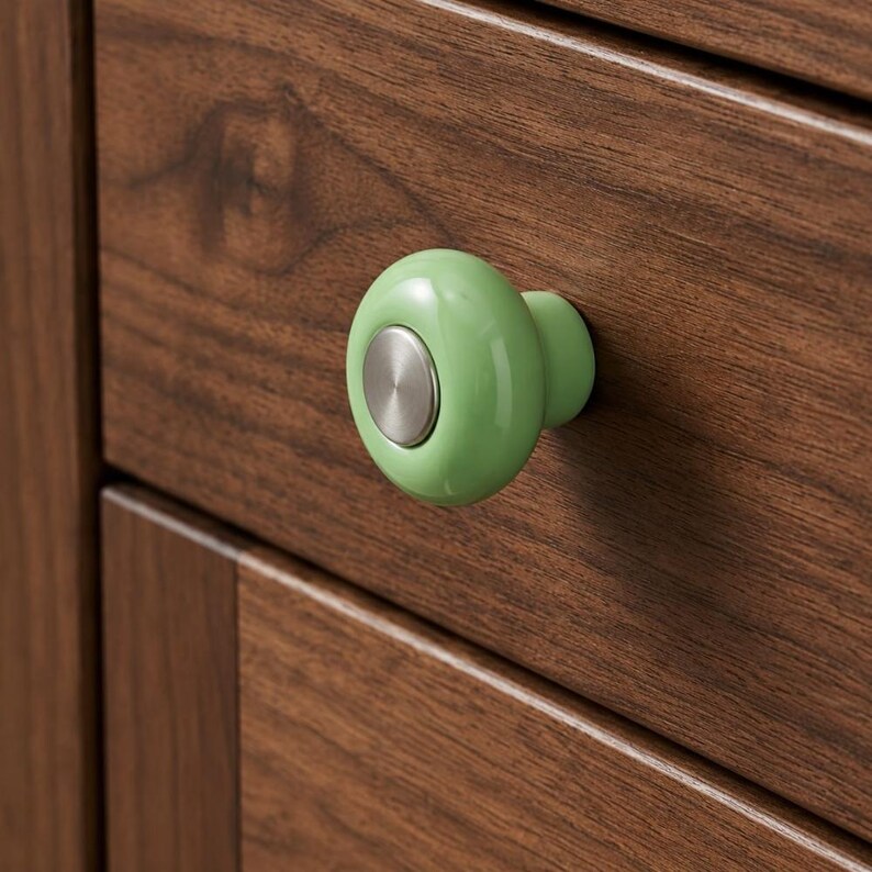Modern mint green porcelain cabinet pull handle, round ceramic furniture hardware knob for dressers, nightstands, and kitchen cabinets.