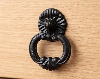 Matte Black Floral Ring Pull, Vintage Cabinet Handle, Gothic Farmhouse Hardware
