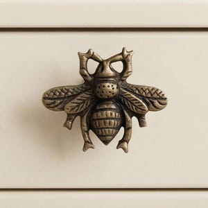 May include: A brass-toned metal cabinet knob shaped like a beetle with detailed wings, a segmented abdomen, and prominent antennae. The insect-shaped hardware features a textured finish with dark recessed areas that highlight the molded design.