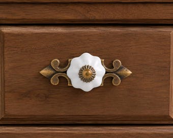 May include: A white ceramic drawer knob with a scalloped edge and a central brass-toned metal accent, mounted on a decorative antique brass-finished metal backplate with ornate scrollwork details, attached to a dark brown wooden drawer front.