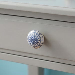 Nautical Ceramic Cabinet Knob, White & Blue Compass Design, Coastal Furniture Hardware