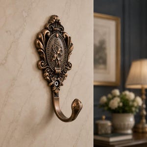 May include: A wall-mounted hook with an ornate, antique bronze-colored finish. The backplate features a central oval medallion with a floral relief design, surrounded by intricate scrollwork and a single visible screw hole for mounting.
