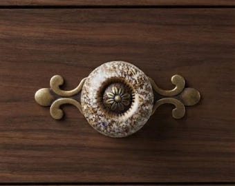 Vintage Bronze Ceramic Cabinet Knobs with Ornate Backplate, Bohemian Kitchen Hardware