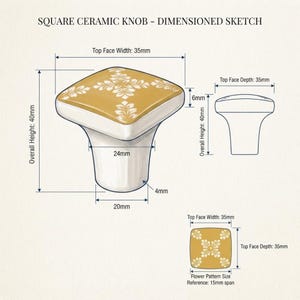 May include: A square ceramic knob with a mustard yellow top featuring a white floral pattern. The technical drawing includes dimensions: 35mm top face width and depth, 40mm overall height, 24mm and 20mm base widths, and 6mm top thickness.