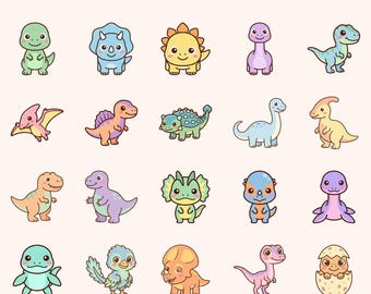 Kawaii dinosaurier Clipart, 20 PNG-paket, sublimering för barnrum (kommersiellt bruk)