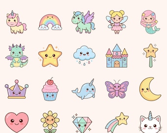 Kawaii enhörningar och magiska clipart, 20 PNG-paket, sublimering för barnrum (kommersiellt bruk)