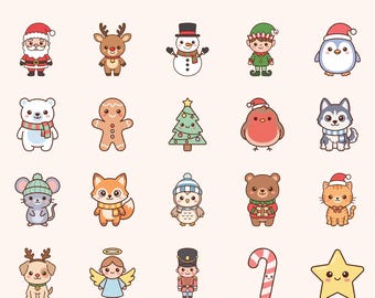 Kawaii julfigurer Clipart, 20 PNG-paket, sublimering för barnrum (kommersiellt bruk)