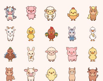 Kawaii bondgårdsdjur Clipart, 20 PNG-paket, sublimering för barnrum (kommersiellt bruk)