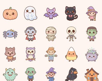 Kawaii Halloween-figurer Clipart, 20 PNG-paket, sublimering för barnrum (kommersiellt bruk)