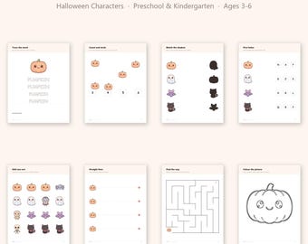 Halloween-karaktärer förskolearbetsblad, 80-sidigt utskrivbart paket, hemundervisningsaktivitetspaket för småbarn (direkt nedladdning)