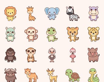 Kawaii Safari Djur Clipart, 20 PNG-paket, Sublimering för Barnrum (Kommersiellt bruk)