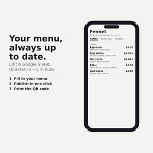 Op de afbeelding: Een zwarte smartphone met een digitaal menu voor Fennel Coffee and all-day brunch. De tekst links luidt: Your menu, always up to date. Edit a Google Sheet. Updates in ~1 minute. 1 Fill in your menu, 2 Publish in one click, 3 Print the QR code.