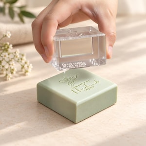 May include: A square, light green bar of soap featuring an embossed design of a leaf and the text "NATURAL HANDMADE SOAP" on its surface, positioned beneath a clear, rectangular acrylic stamping block used for imprinting the design.