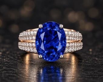 Oval Blue Sapphire Ring, Multi-Row Pavé Band, Gold Plated 925 Silver