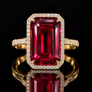 May include: A gold ring featuring a large, rectangular, deep red gemstone set in the centre. The stone is surrounded by a halo of small, clear, round white stones. The band is also adorned with a row of small, clear, round white stones.