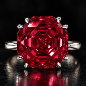 May include: A ring featuring a large, vibrant red, multi-faceted gemstone with a geometric, circular cut. The stone is secured by eight silver-toned prongs on a smooth, polished silver-toned metal band against a dark background.