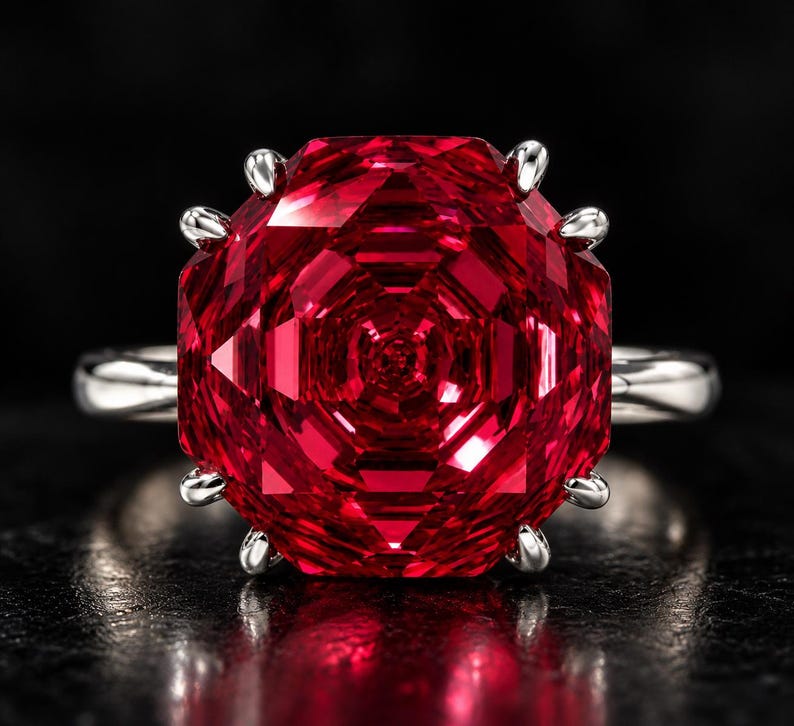 May include: A ring featuring a large, vibrant red, multi-faceted gemstone with a geometric, circular cut. The stone is secured by eight silver-toned prongs on a smooth, polished silver-toned metal band against a dark background.
