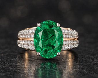 Oval Emerald Ring, Multi-Row Pavé Band, Gold Plated 925 Silver