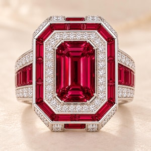 Puede incluir: Un anillo de tono plateado con una gran piedra roja de corte esmeralda en el centro, rodeada por un halo de pequeñas piedras blancas. El diseño incluye piedras rojas adicionales de corte baguette y filas de piedras blancas en el aro.