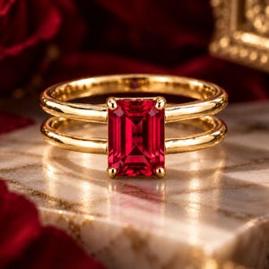 Op de afbeelding: Een gouden ring met een rechthoekige, smaragdgeslepen rode edelsteen in het midden. De ringband is ontworpen met twee parallelle gouden staven die samenkomen bij de zetting, waardoor er aan weerszijden van de steen een open ruimte ontstaat.